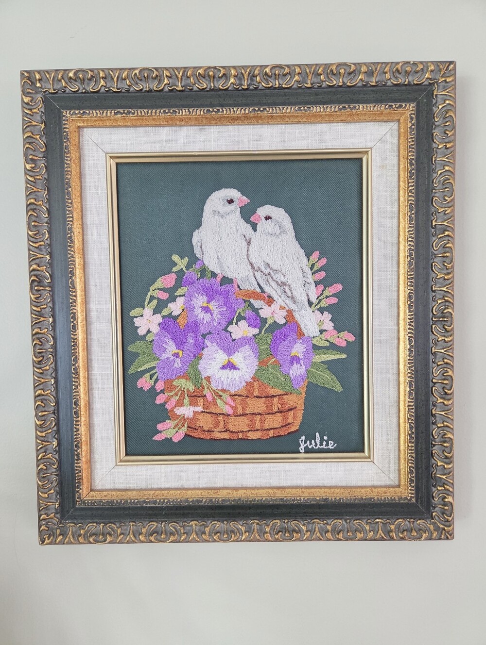 Vintage Framed Needle Point Birds In Basket